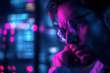 Focused man in a server room, illuminated by neon lights.
