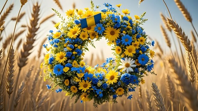 Sweden National Day:Blue and yellow floral wreath with wildflowers, celebrating Sweden National Day in a warm festive spirit.