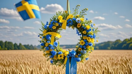 Sweden National Day:Blue and yellow floral wreath with wildflowers, celebrating Sweden National Day in a warm festive spirit.