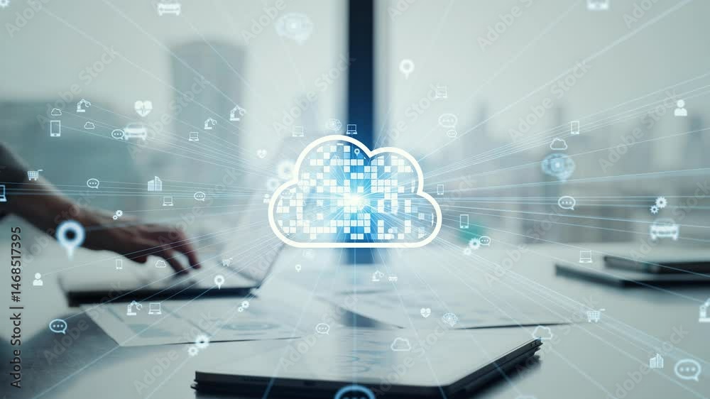 Poster cloud computing concept with business people working in office