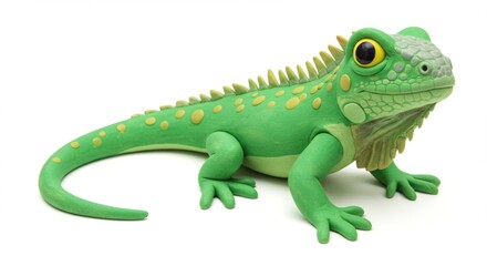 Charming Green Iguana Sculpture with Yellow Spots Handmade from Clay on White Background Featuring Intricate Details and Playful Design Perfect for Children's Decor and Educational Use