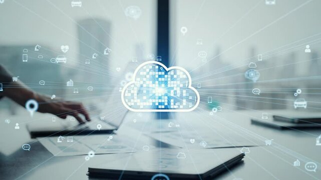 Cloud computing concept with business people working in office