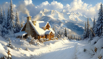 Fototapeta premium Rustic Wooden Cabin in Snowy Mountain Landscape