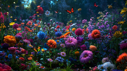 Fototapeta premium Colorful Flower Garden With Butterflies