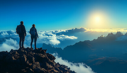 Silhouette of Hikers on Mountain Peak at Sunrise
