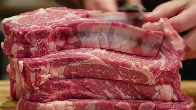 Close-up shot shows Fresh Stacked Ribeye Steaks Ready for Grilling Preparation