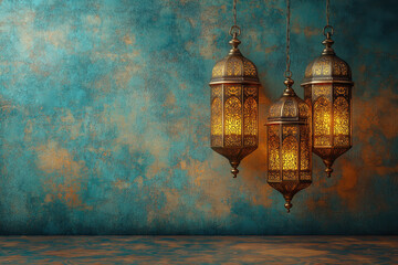 Fototapeta premium hanging lamps against a blue wall.