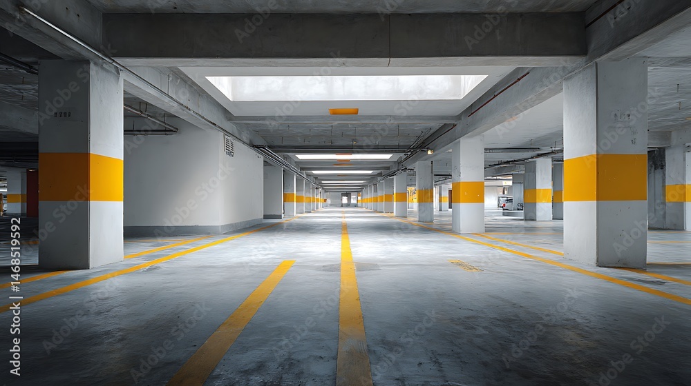 Poster empty parking garage with yellow lines on concrete walls and floor during daytime