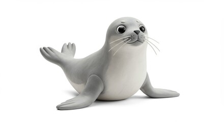 Cute cartoon seal with big eyes on white background waving paw, adorable marine animal character, aquatic wildlife illustration, playful harbor seal, friendly sea creature, pet animal