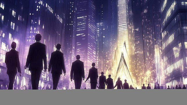 Neon metropolis convergence abstract cityscape of urban figures in illuminated night skyline illustration and walking people