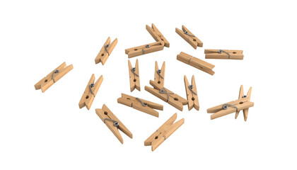 A collection of wooden clothespins is scattered across a white surface.