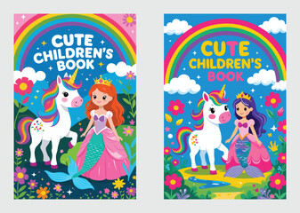Obraz premium Cute Childrens Book Cover With Unicorn And Mermaid Princess Designs