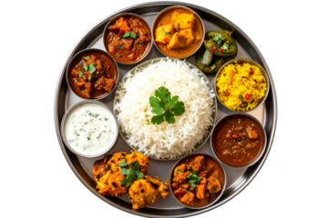 Top view of an Indian thali with rice, chicken, and curries on a transparent background