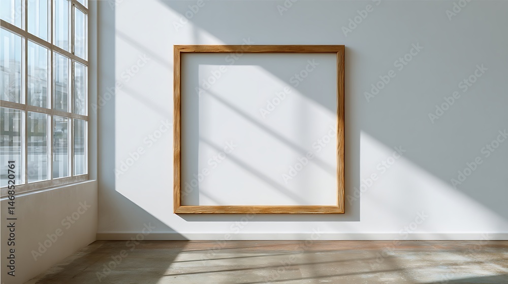 Poster empty wooden picture frame mockup hanging on white wall background in a spacious empty room with sun