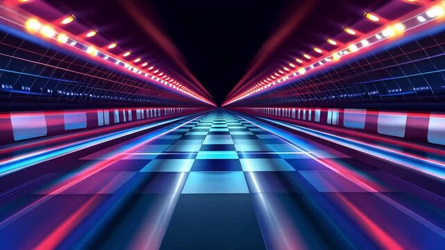 Neon lights illuminate a checkered racing track in a futuristic tunnel.