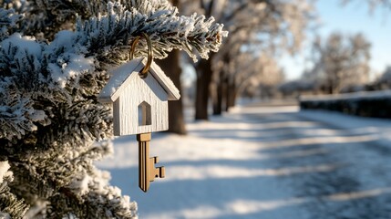 A snow-covered evergreen branch holds a small house-shaped key charm, symbolizing winter homeownership  A sunlit path is softly blurred in the background