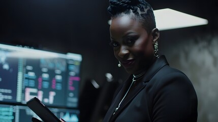 Happy businesswoman using a digital tablet standing office background 