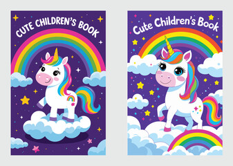 Cute Unicorn Illustrations For Children Book Cover Design Templates