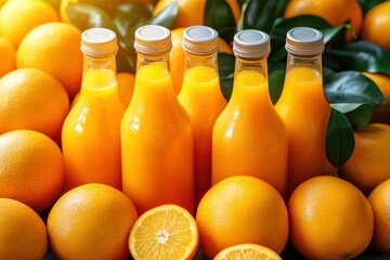 Freshly squeezed orange juice bottles surrounded by ripe oranges and green leaves in a vibrant setting