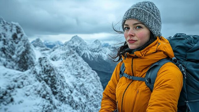 Woman hiker pauses on snowy mountain peak, gazing at the view.