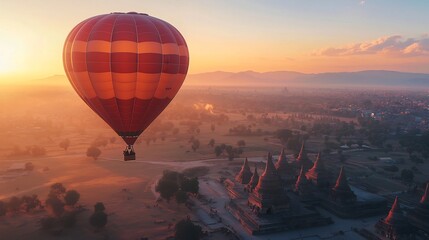Obraz premium Hot air balloons rising over ancient temples sunrise vivid colors peaceful cinematic realism
