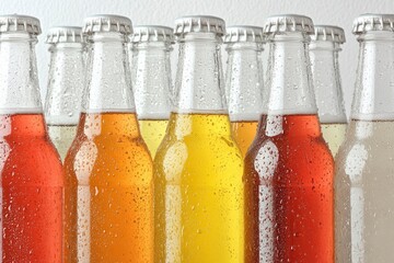 A row of chilled, condensation-covered glass bottles showcasing various colorful beverages on display