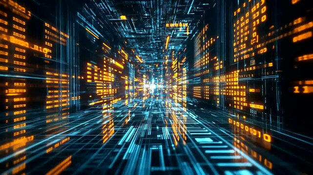 A futuristic digital tunnel with glowing orange and blue light streams, data, and binary code flowing through a complex circuit-like space