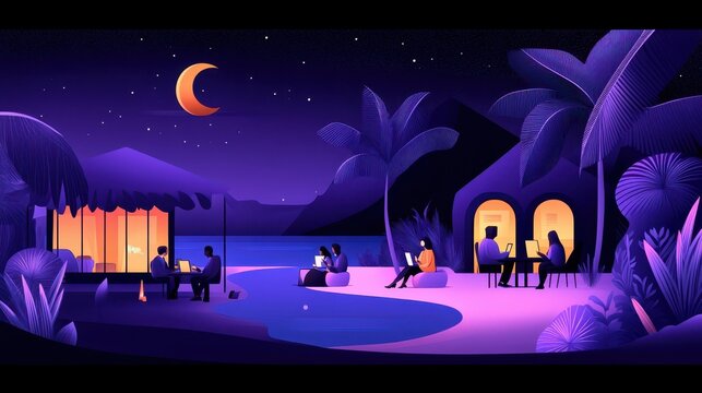 Pixelated lunar escape under the tropical canopy pixel art moonlit rendezvous along sandy shores perfect for gaming and retro vibes