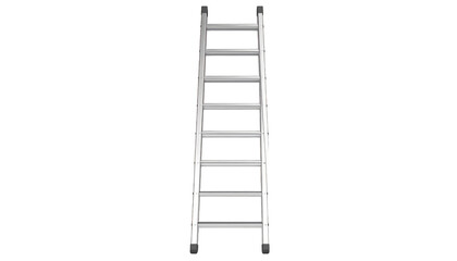 A silver aluminum single ladder with eight rungs stands vertically against a white background.