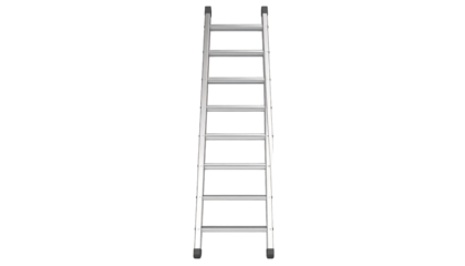 A silver aluminum single ladder with eight rungs stands vertically against a white background.