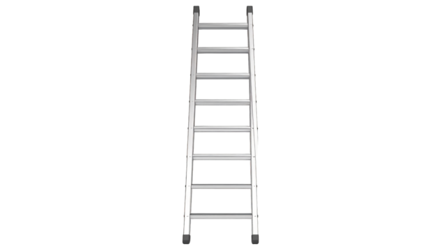 A silver aluminum single ladder with eight rungs stands vertically against a white background.