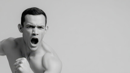 Fototapeta premium dynamic portrait of kickboxer surprised expression positioned on left side of frame