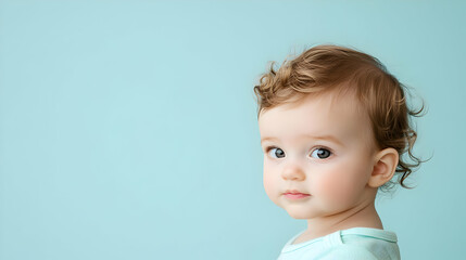 Close Up Portrait Of Baby Girl With Curly Hair Against Light Teal Background