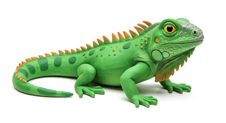 Fototapeta premium Żywa zielona rzeźba legwana z pomarańczowymi kolcami, szczegółową fakturą i realistycznymi cechami, idealna do materiałów edukacyjnych, sklepów zoologicznych lub projektów dla miłośników gadów