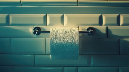 Close-up of a toilet paper roll on a simple chrome holder attached to white tiles