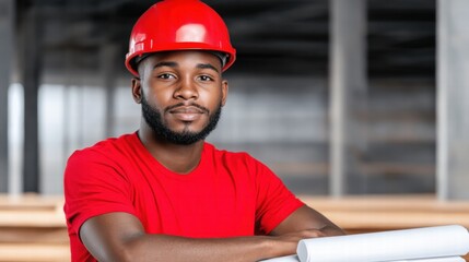 Confident Young Black Construction Worker in Red Hard Hat and Shirt