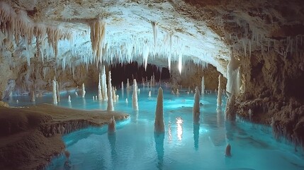 Icy blue cavern glistening stalactites shimmering light reflected on the walls cinematic frozen wonder