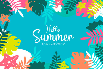 Naklejka premium Bright tropical summer background with colorful leaves and starfish, perfect for seasonal banners or invitations. Hello summer 2025 floral background. 