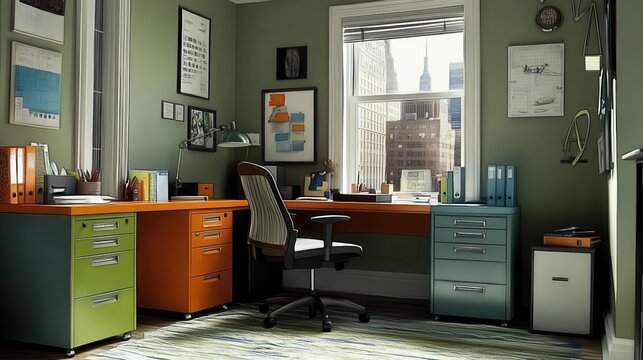 Eclectic home office setup offering creative workspace solution for remote work balancing design and functionality during the day