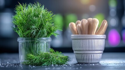 Naklejka premium Fresh dill sprigs in glass container and wooden utensils on a countertop