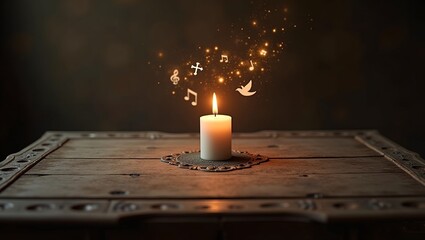 single candle a top an antique weathered wooden table. candle on a wooden table flame dances with a soft glow Floating above, faint, ethereal musical notes intertwine with symbols of Christian cross