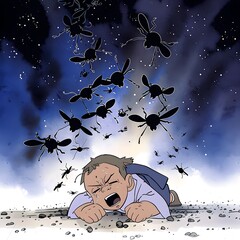 A baby is lying on the ground frowning and crying the mosquitoes attack cartoon image