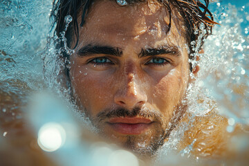 Man with wet hair and blue eyes in water.