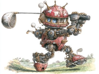Steampunk robot figure swinging a golf club.