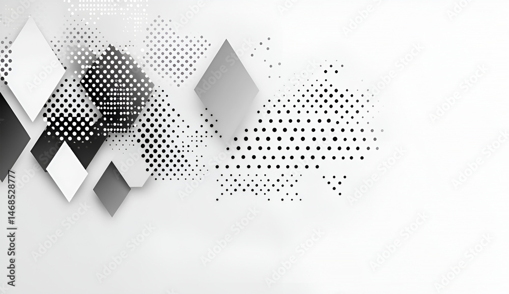 Poster modern minimalist abstract geometric background with grayscale rhomboid shapes and halftone patterns