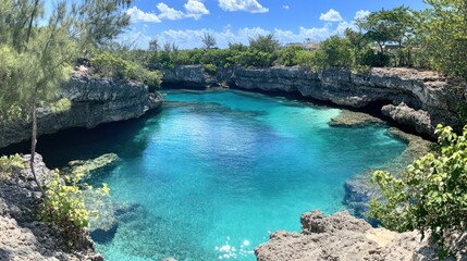 Tropical Sea Cave, Turquoise Water, Lush Vegetation, Scenic View, Perfect Vacation Spot