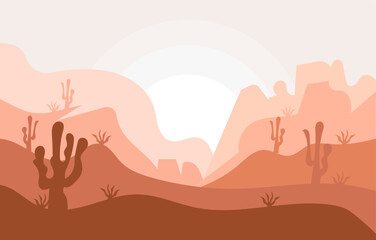 Fototapeta premium Vector illustration of a desert landscape with saguaro cacti and layered mountains. Minimalist flat design in warm tones, perfect for a western or nature background.