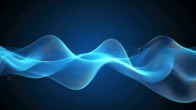 Abstract blue light waves undulate across a dark background, with glowing nodes forming a subtle network, suggesting digital connections