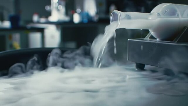 Liquid Nitrogen Poured into Container in Lab