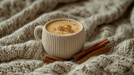Warm spiced drink on a cozy knitted blanket